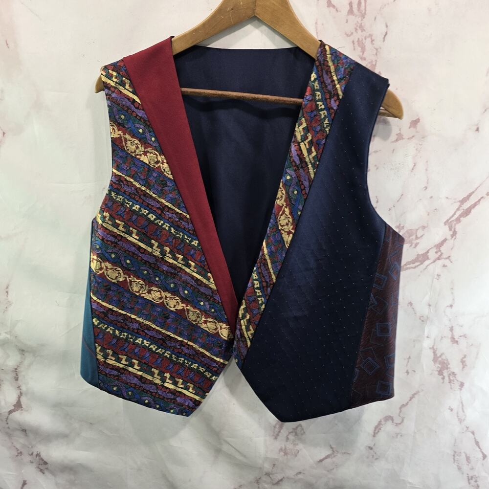 Vintage Vest Womens Medium Blue Red 80s 90s Teacher Clown Tie Patterns Patchwork